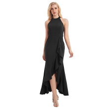 Ruffle Solid Color Long Length High Neck Mermaid Evening Cocktail Long Dress, Elasticity Stretchy Comfortable Fabric Split Bodycon Elegant Draping