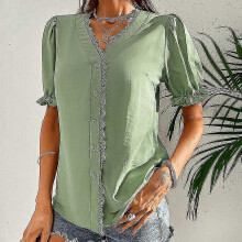 (Army Green,M)Women Buttons Tops Solid Color Beach Shirts Ruffled Elegant Travel Tunic Shirt