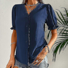 (Blue,M)Women Buttons Tops Solid Color Beach Shirts Ruffled Elegant Travel Tunic Shirt