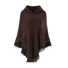 (Coffee) Women Winter Knitted Hooded Poncho Cape Solid Color Crochet Fringed Tassel Shawl Wrap Oversized Pullover Cloak Sweater