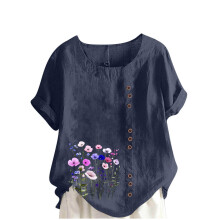 Women's Floral Short Sleeve Oversized Blouse Navy Blue