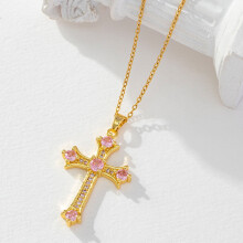 Collana con croce placcata oro e ciondolo geometrico in zirconi - Collana di perle dal design vintage di lusso per donna