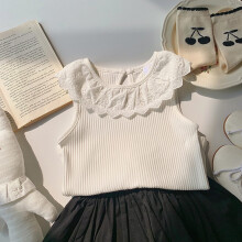 Canotta unisex per bambine, alla moda, con righe, in morbido pizzo e senza maniche.