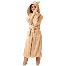 Damesbadjas met fleecevoering, effen kleur, zak en oorkapje - Beige, maat L