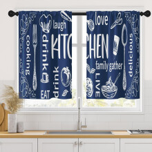 Blue Kitchen Curtains 36 Inch Length Modern Window Short Tier Curtains Over Sink Set of 2, White Doodle Abstract Art Small Kitchen Decor