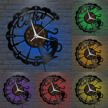 Koffiehuisdecoratie Vinyl Wandklok, Vinylplaat Klok Muurdecoratie Stil & Niet-tikkend (12 inch C-LED)