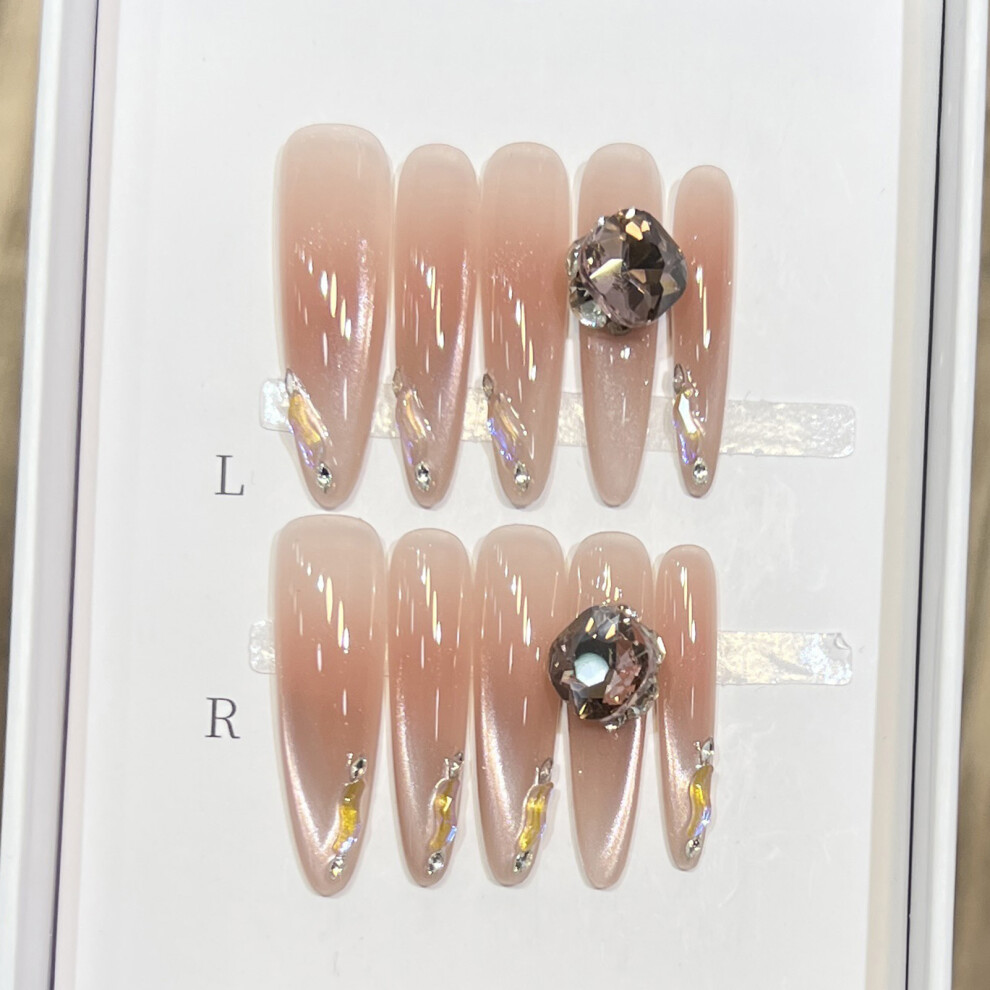 Penghui-Toys (S) 10Pcs Long Almond Press On Nails With Large Rhinestone Design Artificial Nails For Fingernail Diy Decoration