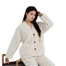 (V neck XL,BEIGE)Women's Coral Fleece Pajamas Flannel Sleepwear Soft Pajamas Set Warm Loungewear 2 Piece Pjs Set