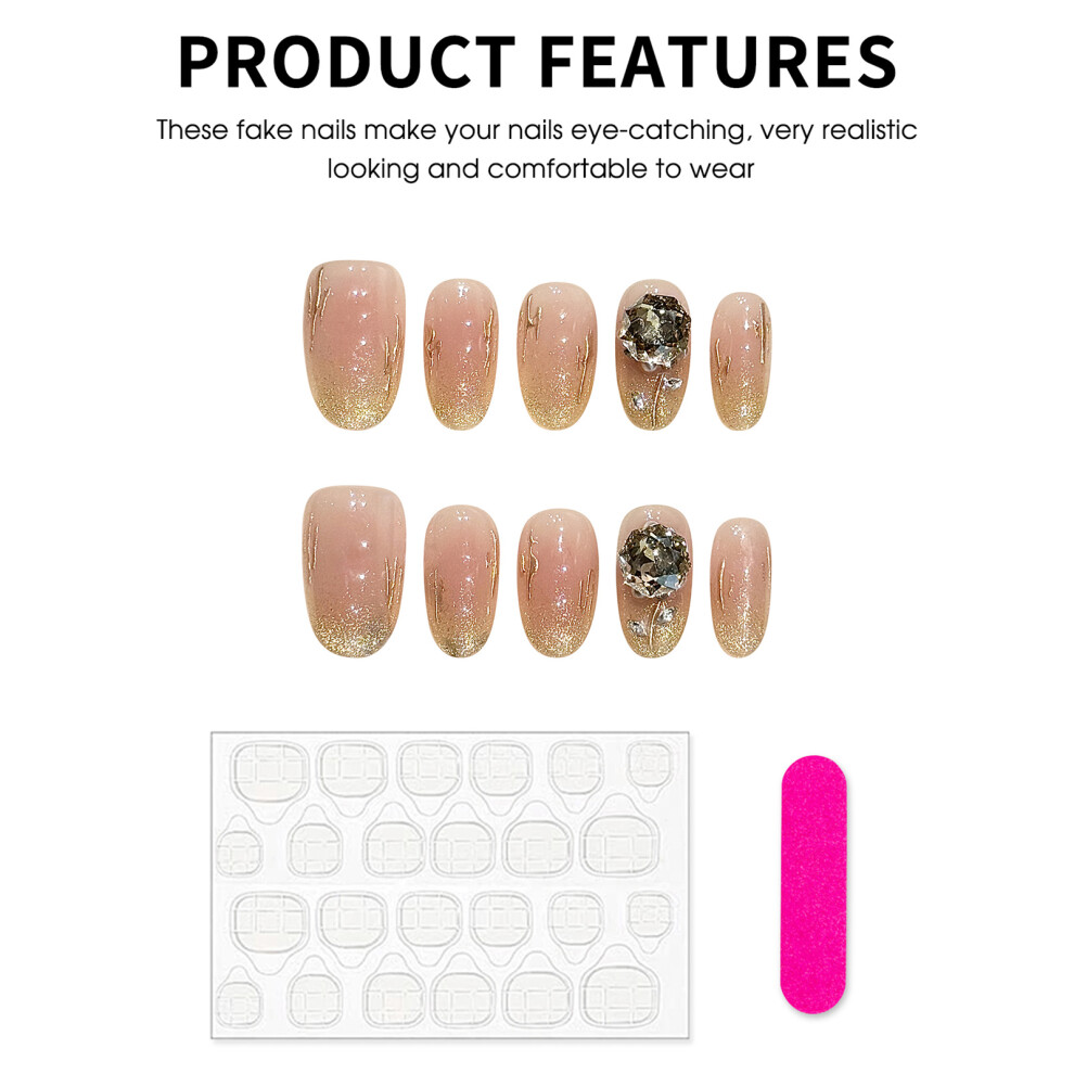 Dachuang Beauty (2400 Mid Oval) Champagne Cat Rhinestone Press-On Nails