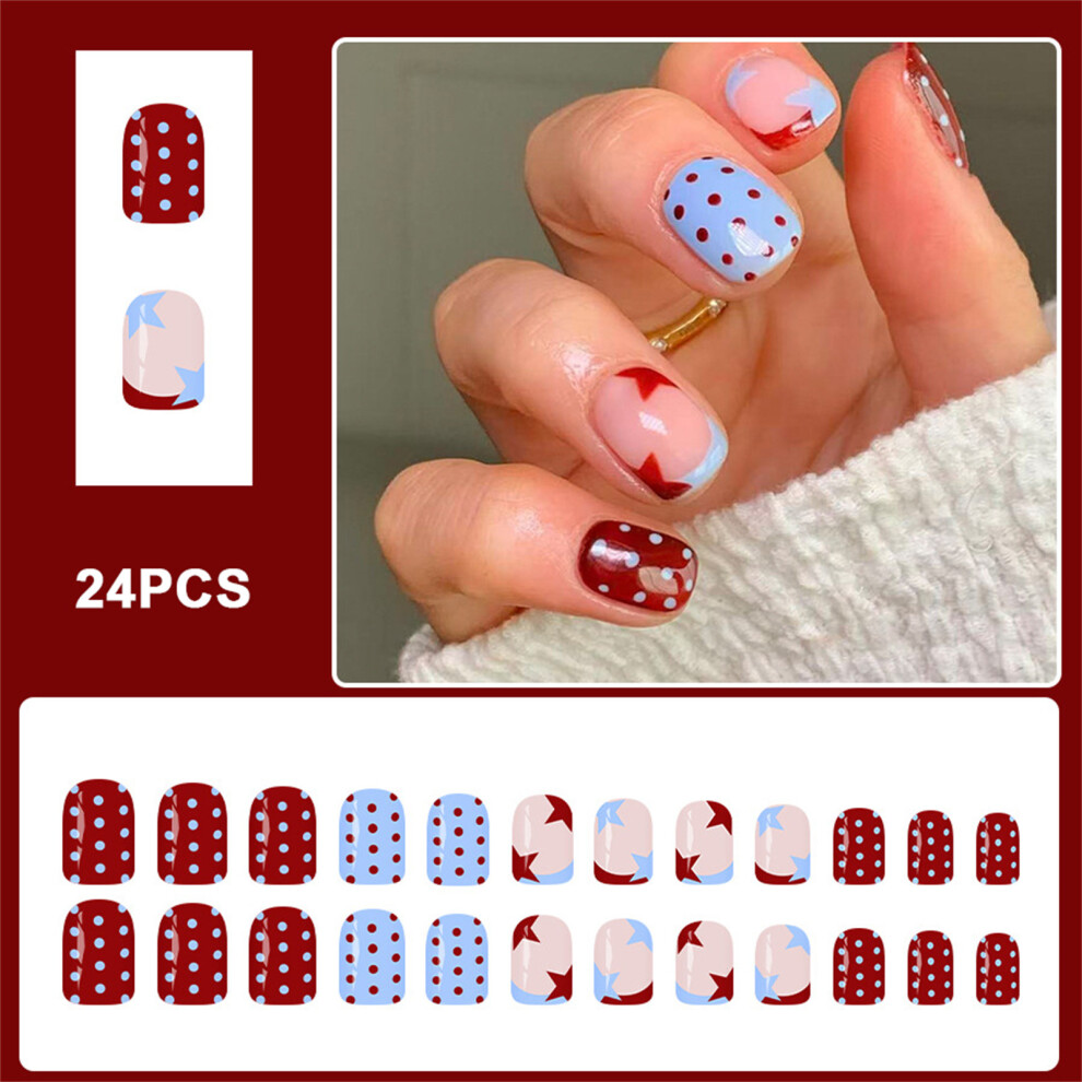 Reach-Tools 24Pcs Glossy French Fake Nails Blue Wine Red Polka Dot