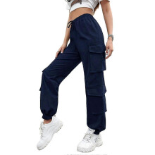 (L,BLUE)High Street Hip Hop Women's Pants Trendy Pants Multi-pocket Street Workwear Pants Loose Straight Leg Drawstring Pants
