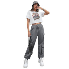 (XL,GREY)High Street Hip Hop Women's Pants Trendy Pants Multi-pocket Street Workwear Pants Loose Straight Leg Drawstring Pants
