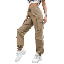 (S,KHAKI)High Street Hip Hop Women's Pants Trendy Pants Multi-pocket Street Workwear Pants Loose Straight Leg Drawstring Pants