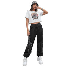 (L,BLACK)High Street Hip Hop Women's Pants Trendy Pants Multi-pocket Street Workwear Pants Loose Straight Leg Drawstring Pants