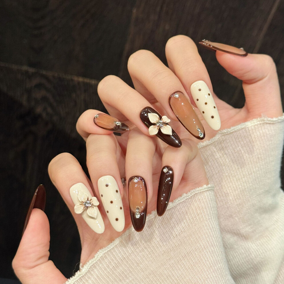 Roc-Electron (686 Long Oval, M) Short Glitter Press-On Nails, 10Pcs, Caramel Leopard