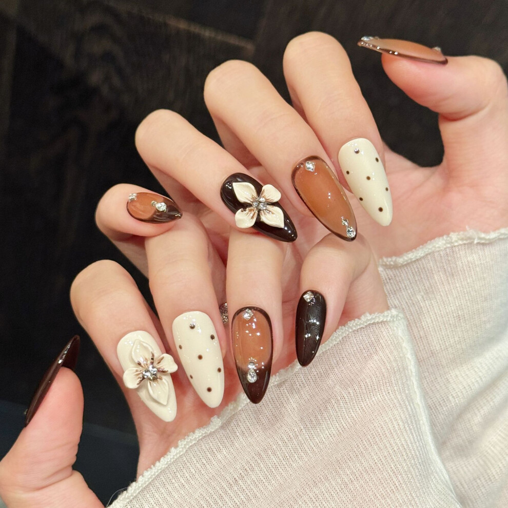 Dachuang Beauty (684 Long Almond, Xs) 10Pcs Caramel Leopard Glitter Press On Nails Short