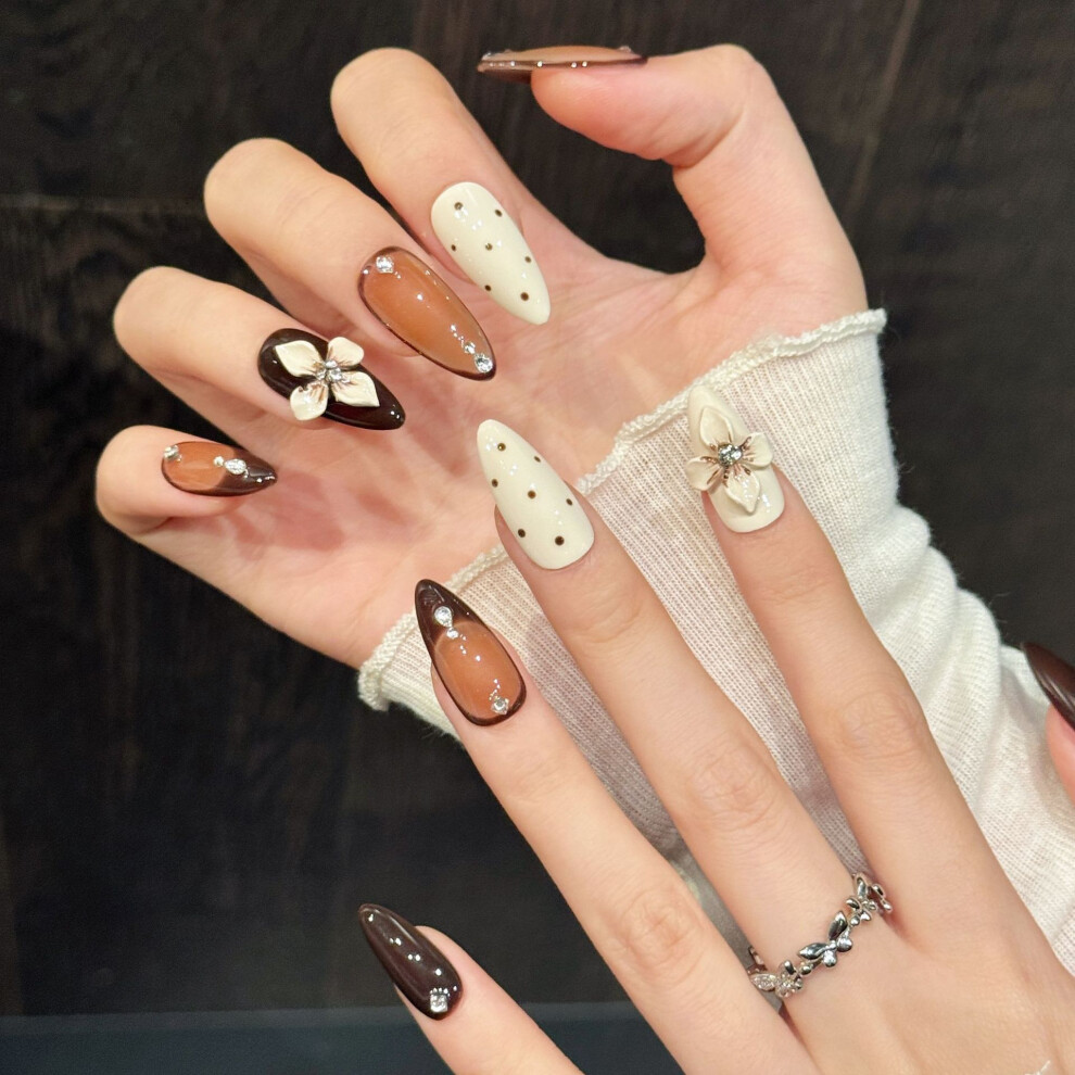 Dachuang Beauty (684 Long Almond, L) 10Pcs Caramel Leopard Glitter Press On Nails Short