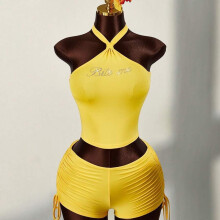 (yellow, L) Summer New Streetwear Crop Top Two-Piece Set, Sleeveless Halter Neck Letter Rhinestone Vest for Women