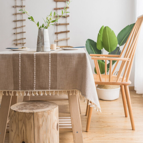 (140cmx140cm) Linen Tablecloth with Tassels - Kitchen Decor 1