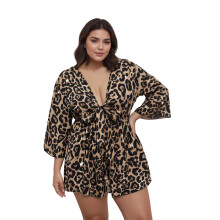 (XXXXL, Coffee) Women's Animal Print Plus Size Jumpsuit Casual Stylish Tie Front V Neck 3/4 Sleeve Romper for Summer