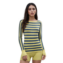 (M, Yellow) Women's Two Piece Knit Sets Fashionable Long Sleeve Striped Fitted Tops with Shorts 2Pcs Outfits