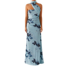 (M, Blue) Women Long Dress Floral Print/Solid Color Tube Dress Summer Backless Casual Strapless Dress with Choker Scarf