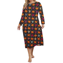 (XXXL, Black) Women Halloween Nightgowns Pumpkin Print Plus Size Long Sleeve Night Dress Lightweight Sleep Dress Cute Sleepwear
