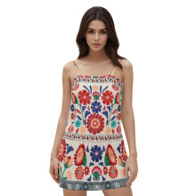 (S, Multi-Color) Women's Mini Cami Dress A Line Casual Stylish Floral Print Square Neck Spaghetti Strap Dress