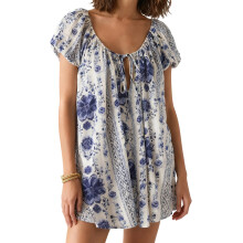 (M, Blue) Women's Summer Loose Dress Short Sleeve U Neck Solid Color/Floral Beach Dresses