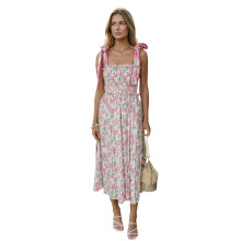 (M, Pink) Women Floral Tie Shoulder Dress Smocked Square Neck Sleeveless Backless A-line Midi Cami Dress