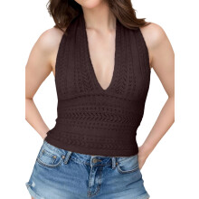 (M, Coffee) Women's Knitted Halter Tops Stylish Solid Color Eyelets Detail Slim Fit Backless Sleeveless V Neck Vest