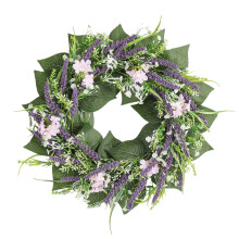 Guirlanda de lavanda de 40 cm com hortênsias rosa e folhas verdes – Decoração de primavera/verão para portas, paredes e janelas, para uso