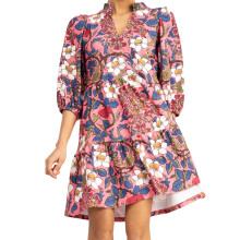 (S, Rose Red) Women 3/4 Sleeve Dress Casual Floral Print V-Neck Mini Dress for Vacation Club Streetwear