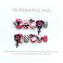 (L) Pink Heart Fake Nails - Easy Apply for Party & Daily