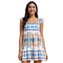 (L, Blue) Women Mini A Line Dress Retro Floral Print Flying Sleeve Square Neck Open Back Short Dress for Daily Party Club