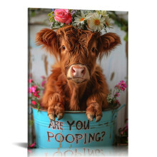 Rustieke boerderijstijl Schotse hooglandkoe canvas wanddecoratie – opgespannen canvas met houten accenten, geschikt voor woonkamer, slaapkamer en