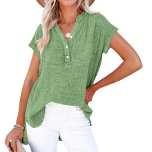 Damen-Henley-Top aus Baumwolle, locker geschnitten, mit kurzen Ärmeln und abgerundetem Saum – atmungsaktives, lässiges Sommertop, Salbeigrün,