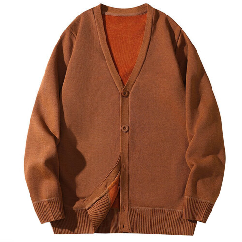 Men's Fleece-Lined Cardigan Jacket V-Neck Solid Color 1
