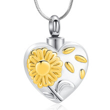 Sonnenblumen-Urnenkette für Asche, Herz-Gedenkschmuck für die Asche, Aschekette aus Edelstahl, Erinnerungsurnenanhänger