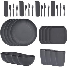 32pcs Wheat Straw Dinnerware Set for 4 – Lightweight, Unbreakable, Microwave & Dishwasher Safe – Picnic, Dorm, Camping – Black