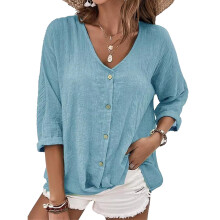 Chemisier oversize en lin à col V pour femme, manches 3/4, respirant, léger, boutonné, coupe ample, idéal pour l'été.