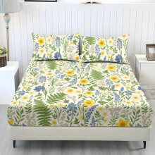 3-teiliges Bettwäscheset (1 Spannbettlaken + 2 Kissenbezüge) für Doppelbetten, weiches Polyester, Wildblumen-Farnmuster, atmungsaktive