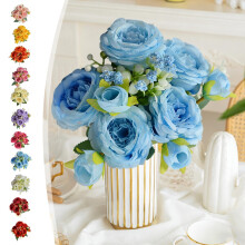 5-Branch Silk Rose Bouquet, Realistic Artificial Roses with Greenery, 13x13in, Blue – for Home Decor, Weddings & Anniversaries