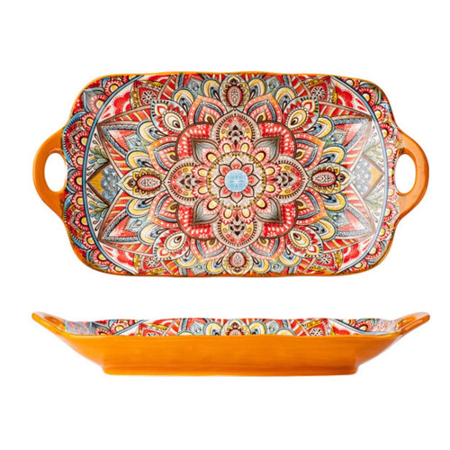 Bohemian Ceramic Rectangular Serving Platter - 12.6inch Large Capacity Dinner Plate with Double Handles 1