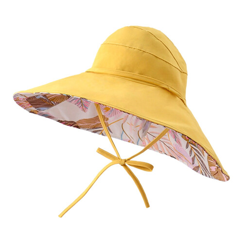 Κίτρινο καπέλο Bucket για γυναίκες – Καπέλο ηλίου, στυλ ψαρά, μεγάλο γείσο, δέσιμο