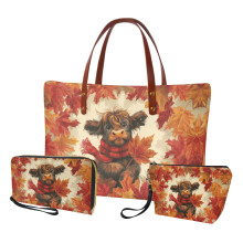 Handtas en make-upset van PU-leer met esdoornbladmotief en Schotse hooglandkoeprint – Handtas met handvat, groot etui, portemonnee – Geschikt