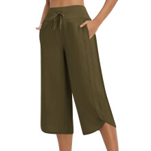 Dames yogabroek met wijde pijpen, hoge taille, legergroen met zakken, cropped, boterzachte sportbroek voor yoga en pilates, maat M