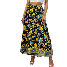 Boho floral maxi skirt women high waist elastic black M