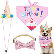 3-teiliges Geburtstags-Set für Haustiere: Rosa Hunde-/Katzenschal, Mütze & Halstuch – Kostümset zum Geburtstag für Welpen und Kätzchen,