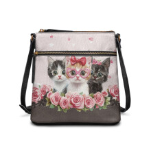 Leren crossbodytas met katten- en rozenprint voor dames, casual schoudertas, messengerbag, modieuze reistas met verstelbare riem voor op reis en om